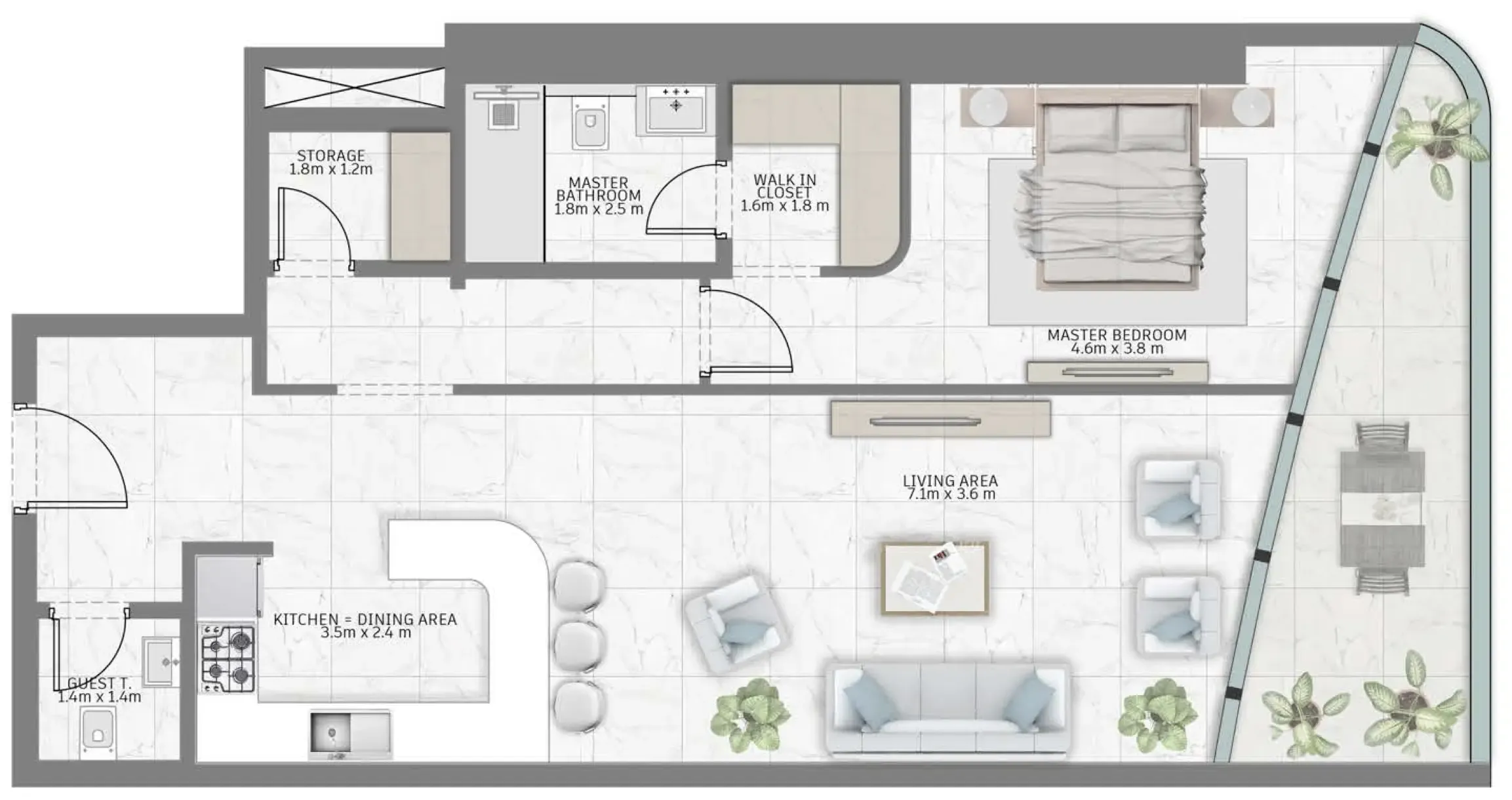 Al Habtoor Tower 1 bed floor plan, 1,066 sqft