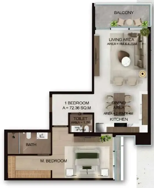 Cresswell Plaza 1 bed floor plan, 856 sqft