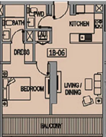 Jade Tower 1 bed floor plan, 744 sqft