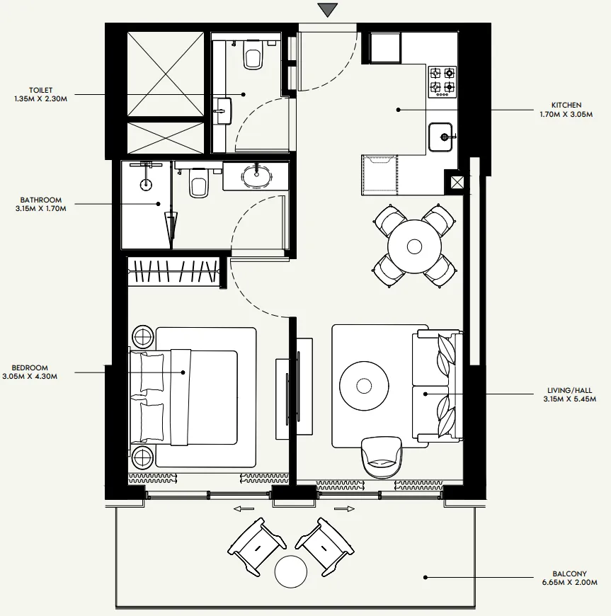 Azizi Venice 1 bed floor plan, 735 sqft