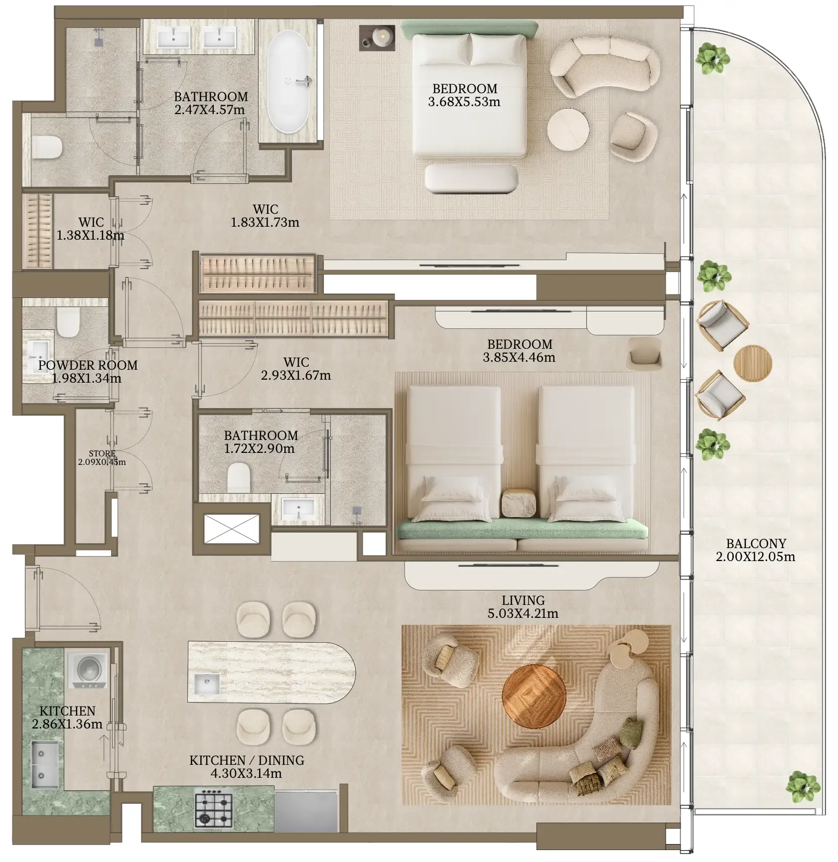 Nasim Al Bahr Residences 2 bed floor plan, 1,631 sqft