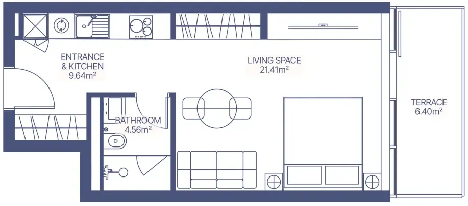 Gianfranco Ferre Residences Studio floor plan, 473 sqft