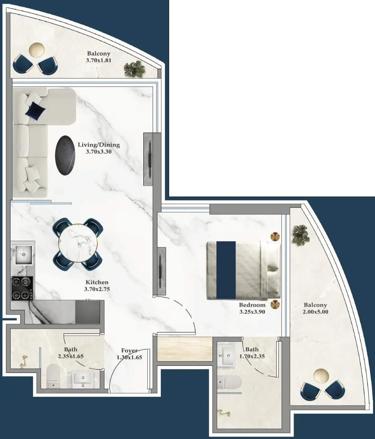 Serenz 1 bed floor plan, 572 – 596 sqft