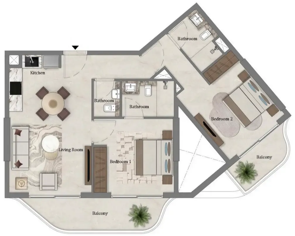 Mirari Lagoon by Zoya 2 bed floor plan, 940 sqft