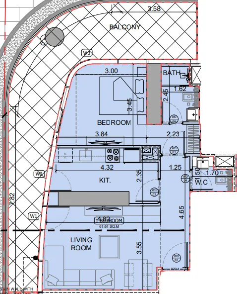 Binghatti Skyhall 1 bed floor plan, 992 sqft