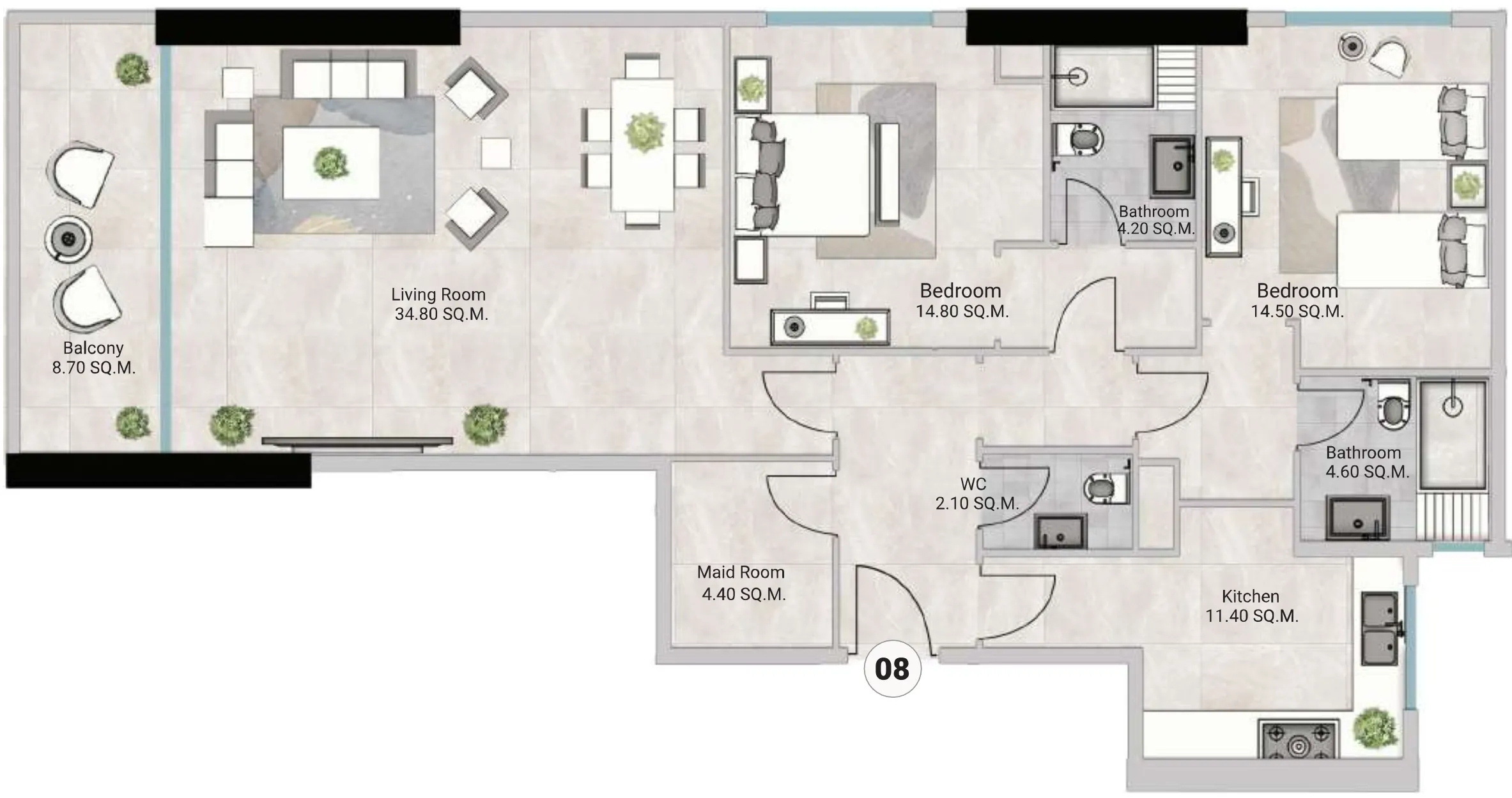 Oasis Tower 3 2 bed floor plan, 1,852 sqft