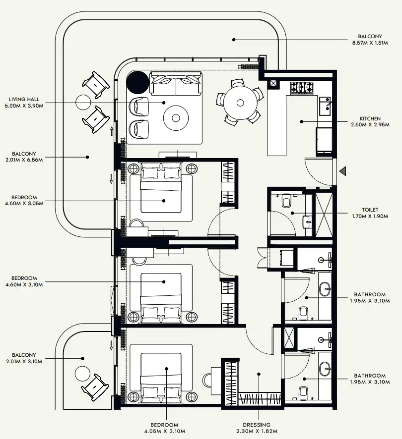 Azizi Venice 3 bed floor plan, 1,653 sqft