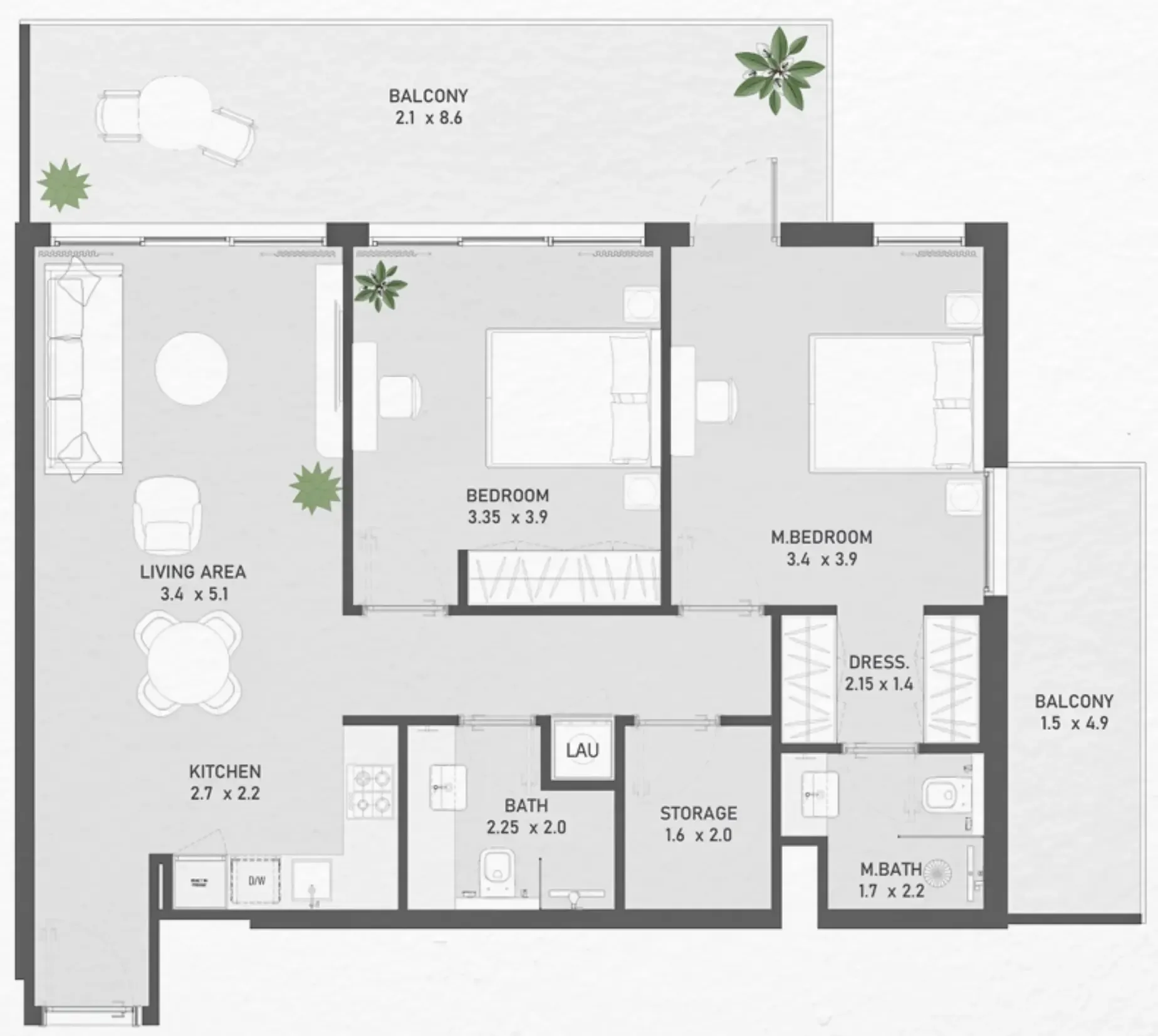 Ayami Residence 2 bed floor plan, 1,151 sqft