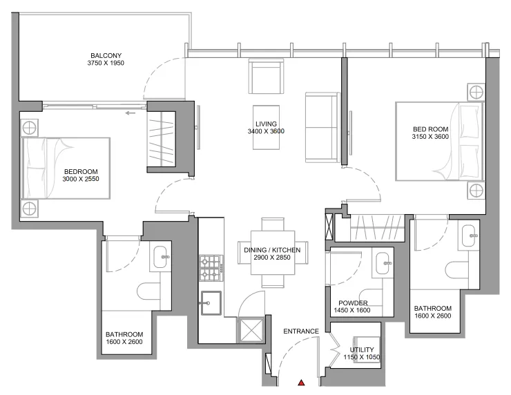Sobha Aquamont 2 bed floor plan, 792 sqft