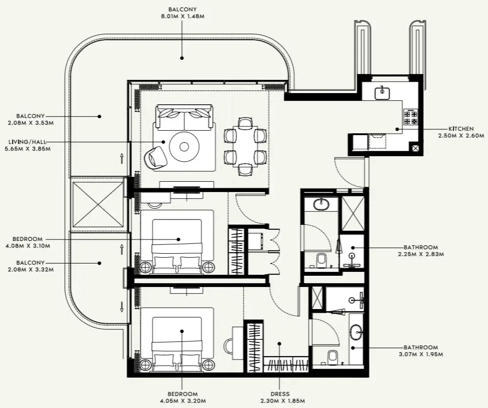 Azizi Venice 2 bed floor plan, 1,342 sqft
