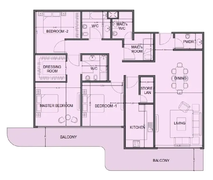 One Residence Al Reem Island 3 bed floor plan, 2,071 sqft