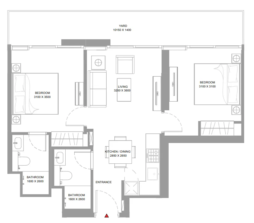 Bayside Marina Residences 2 bed floor plan, 824 – 826 sqft