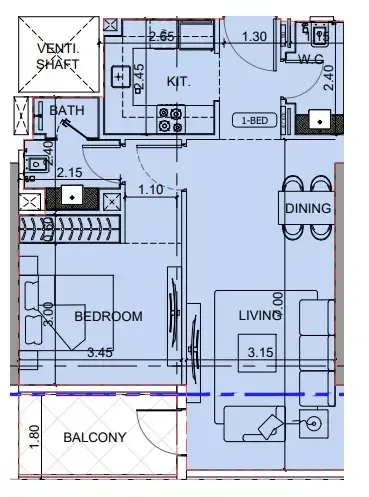 Binghatti Cullinan 1 bed floor plan, 702 sqft