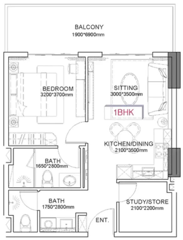 Listone Residence 1 bed floor plan, 676 – 716 sqft