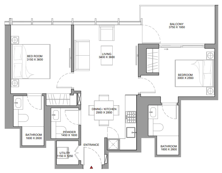 Sobha Aquamont 2 bed floor plan, 786 sqft