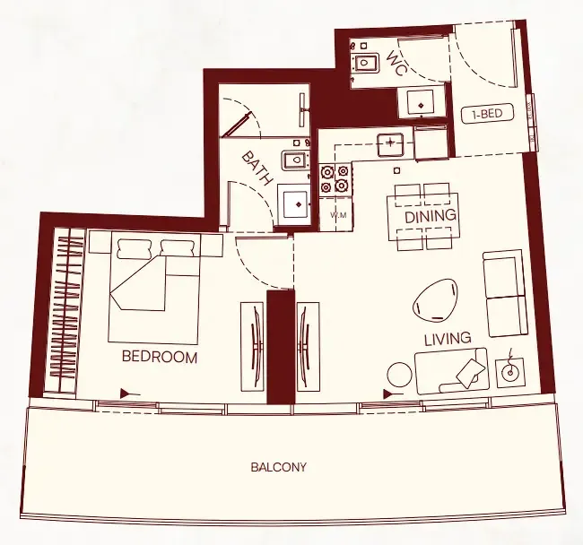 Binghatti Skyflame 1 bed floor plan, 740 sqft