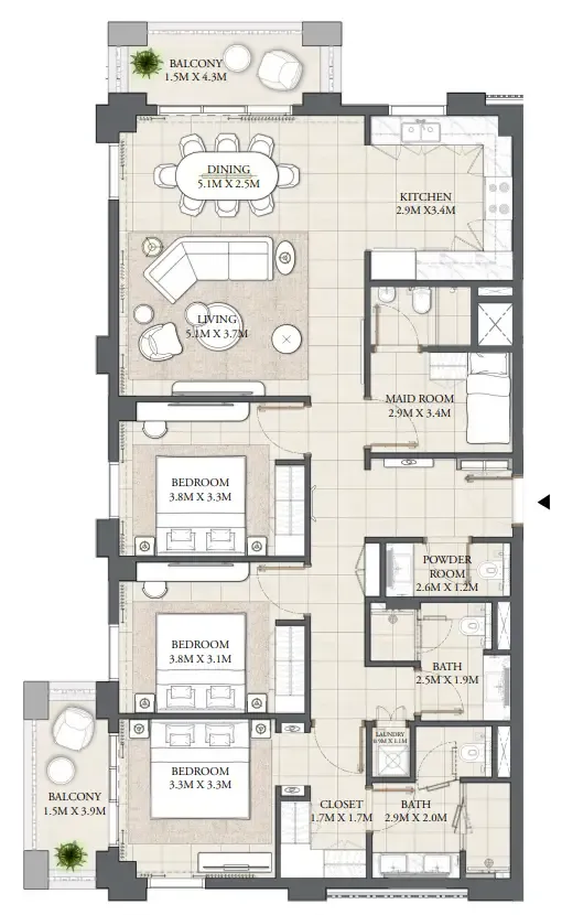 Palace Residences Creek Blue 3 bed floor plan, 1,572 sqft