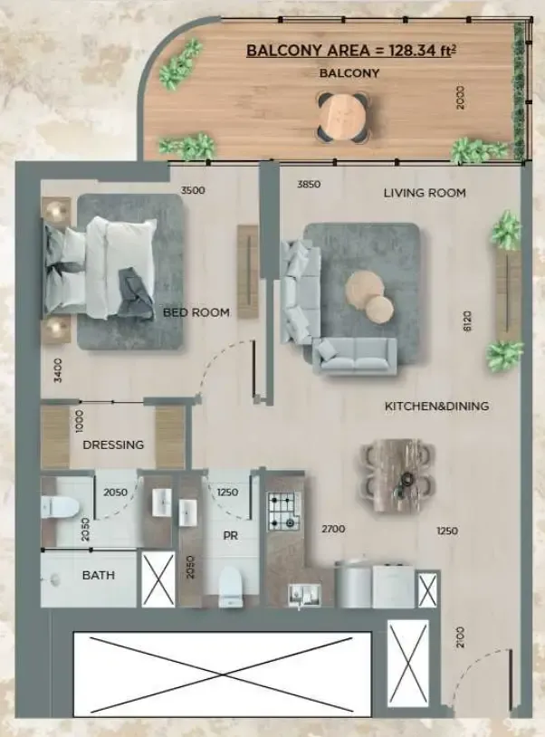 368 Park Ln. 1 bed floor plan, 716 sqft