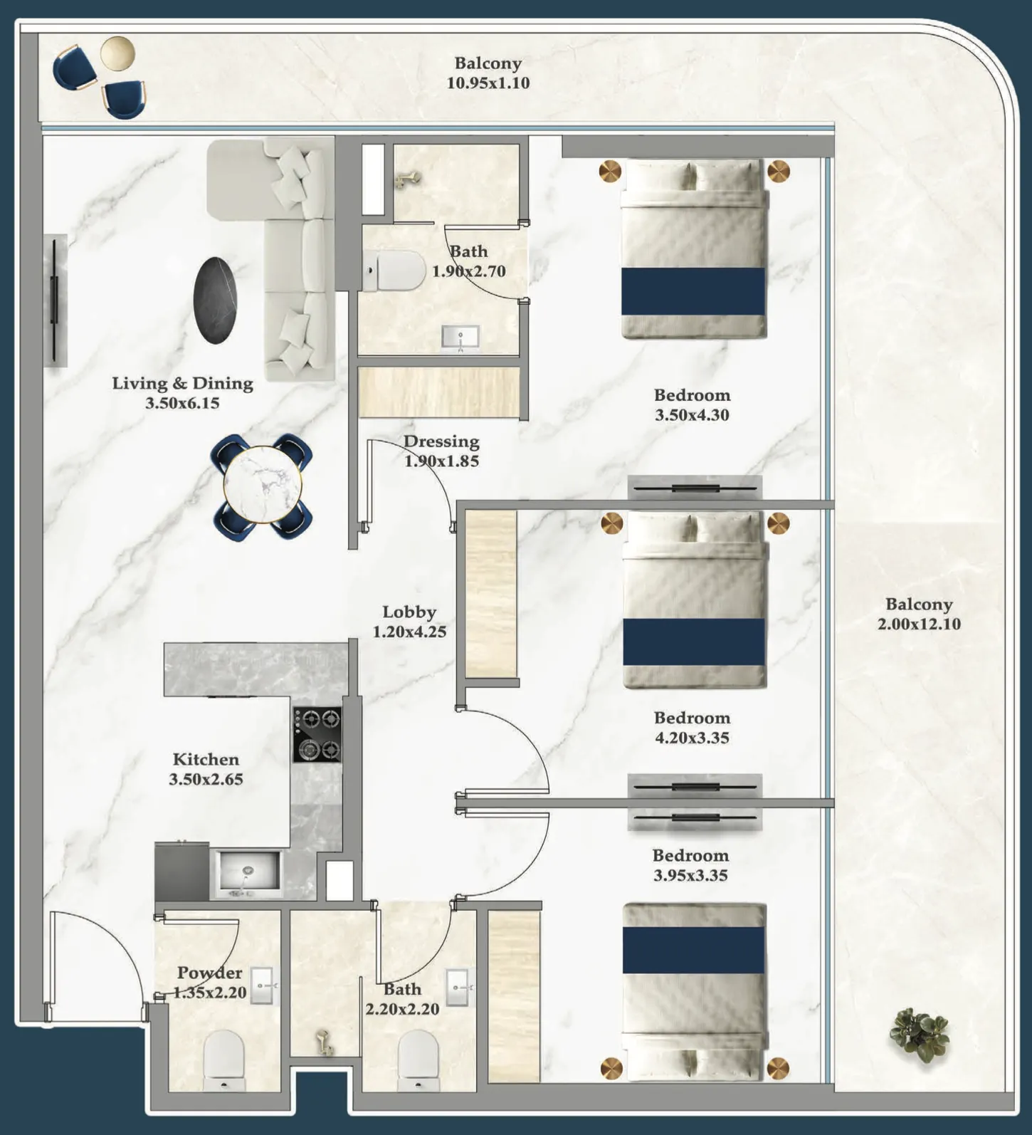 Sparklz 3 bed floor plan, 1,379 – 1,381 sqft