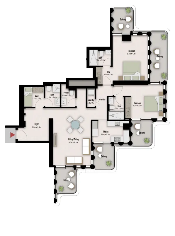 One B Tower 2 bed floor plan, 1,731 sqft