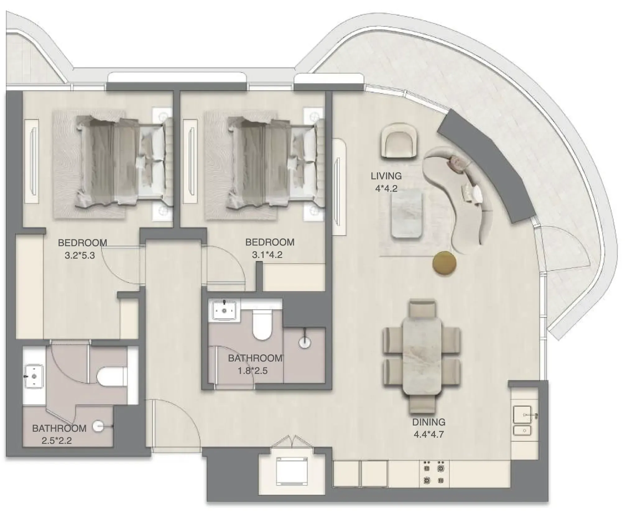 Mirasol Mina 2 bed floor plan, 1,291 sqft