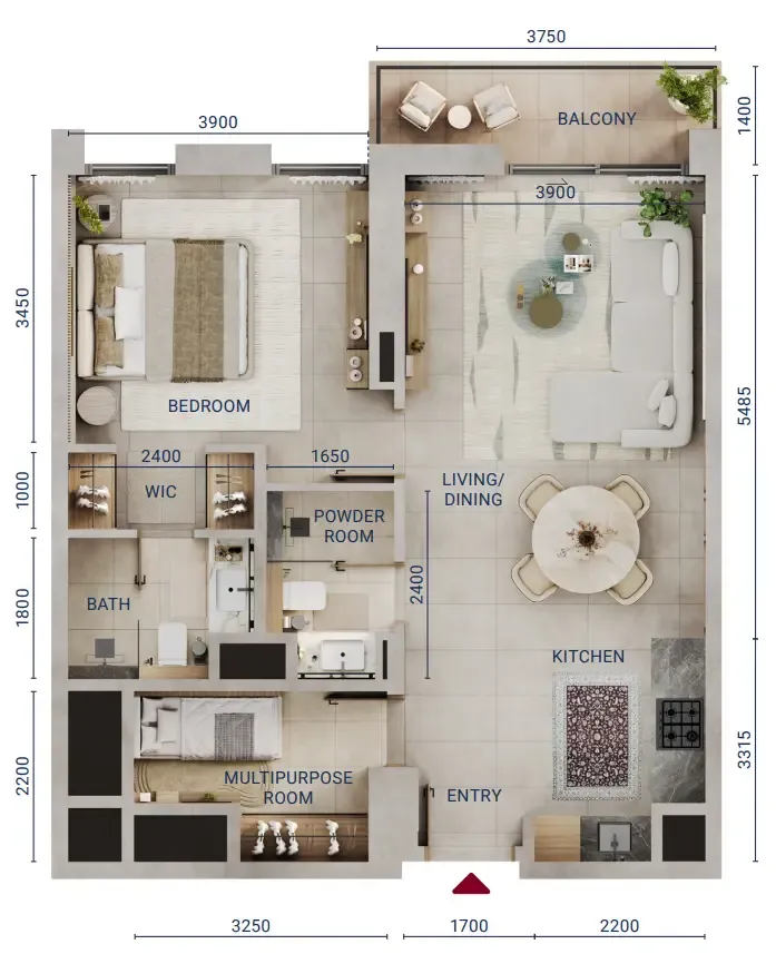 Mirdad 1 bed floor plan, 826 sqft