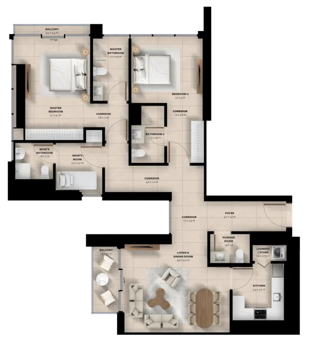Waada Dubai South 2 bed floor plan, 1,250 – 1,252 sqft