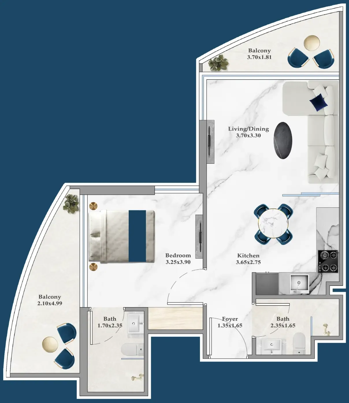 Serenz 1 bed floor plan, 591 sqft