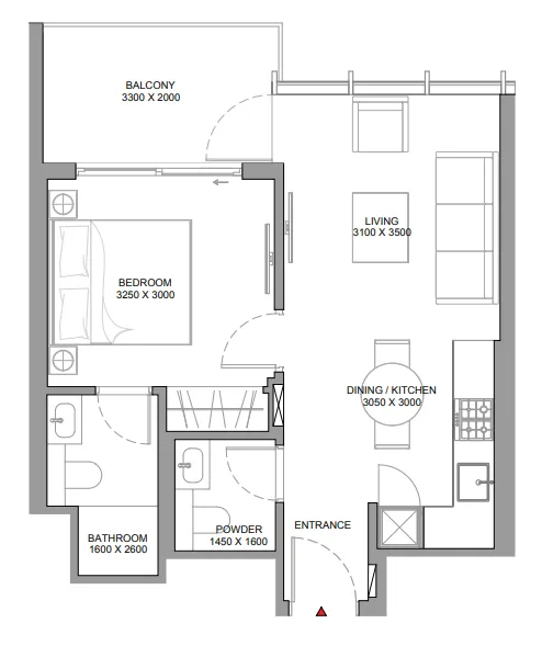 Sobha Aquamont 1 bed floor plan, 556 – 560 sqft