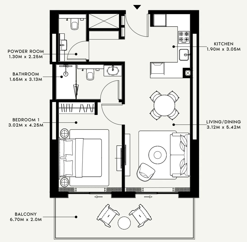 Azizi Venice 1 bed floor plan, 760 sqft