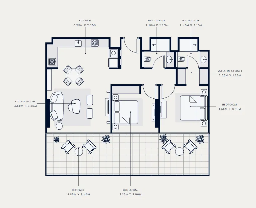 Azizi Venice 2 bed floor plan, 1,387 sqft