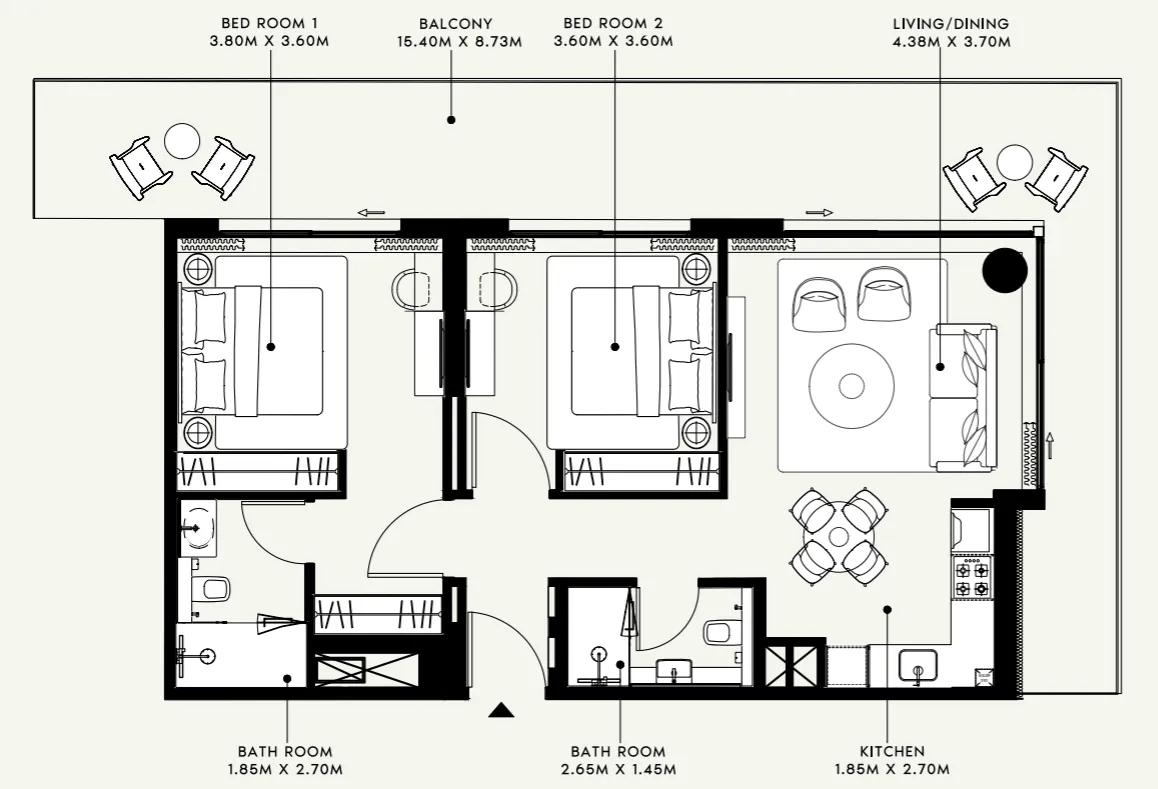 Azizi Venice 2 bed floor plan, 1,271 sqft