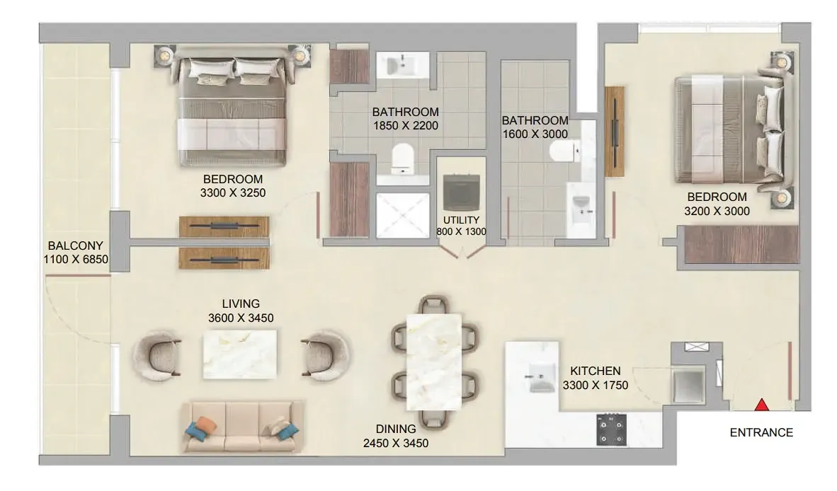 The Woods Abode at Sobha Sanctuary 2 bed floor plan, 964 sqft