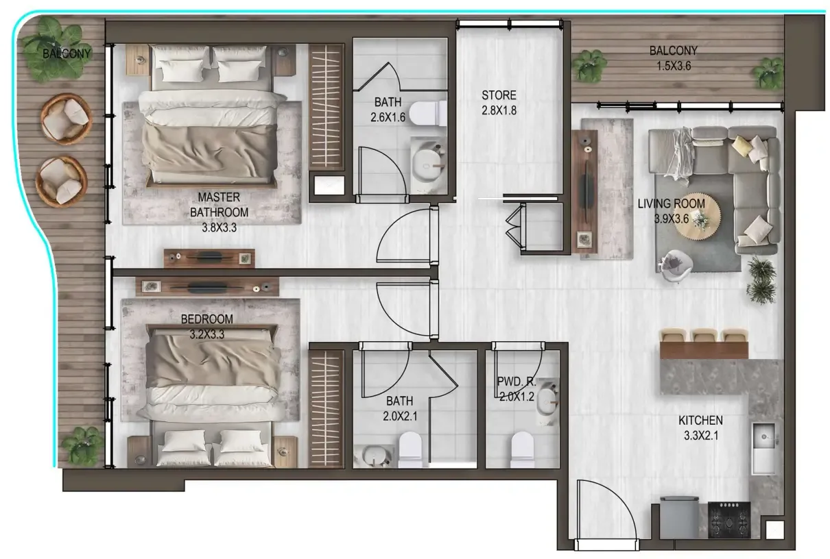 Noore 2 bed floor plan, 1,113 sqft