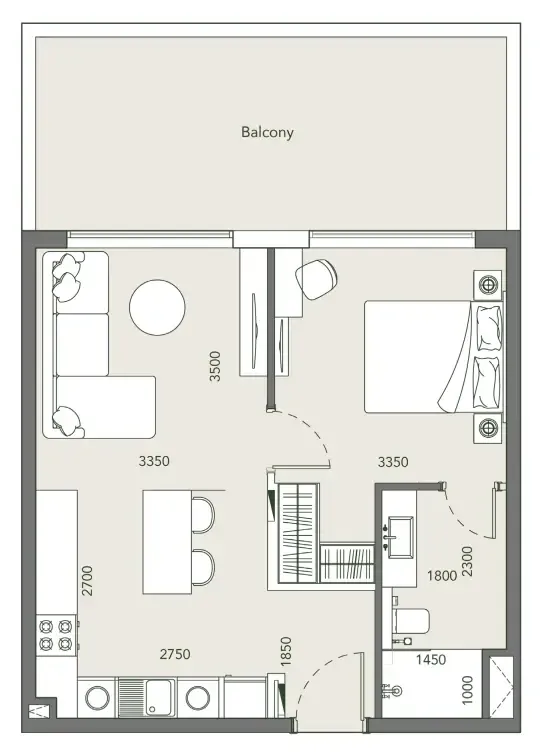Laya Courtyard 1 bed floor plan, 682 – 686 sqft