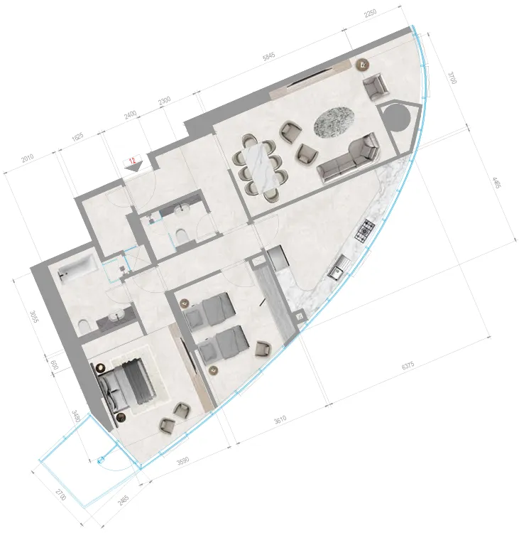 Orchid Towers Phase 1 2 bed floor plan, 1,305 sqft