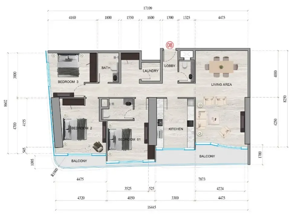 Al Ghaf Tower 3 bed floor plan, 1,791 sqft