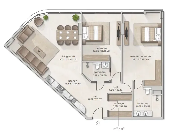 Zephyra Residences 2 bed floor plan, 1,462 sqft
