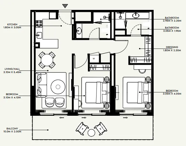 Azizi Venice 2 bed floor plan, 1,151 sqft