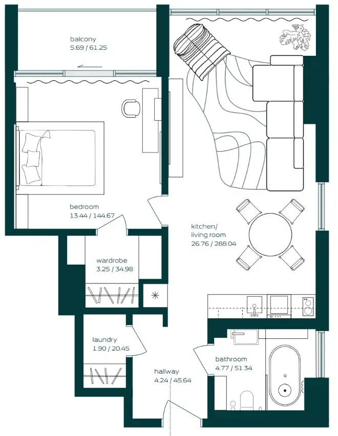 Vibe 1 bed floor plan, 729 sqft
