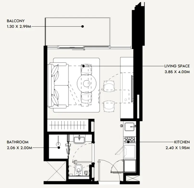 Jaddaf Beach Oasis Studio floor plan, 319 sqft