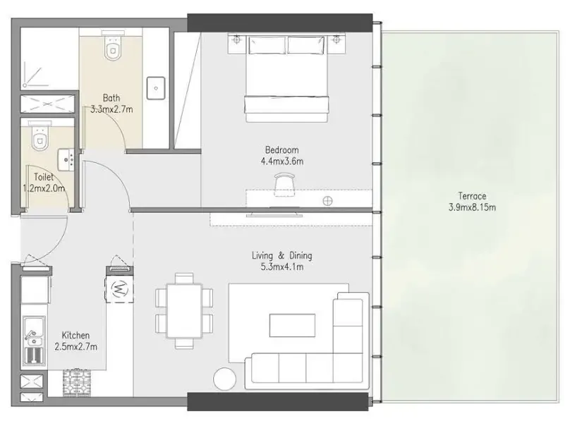 Zenith Residences 1 bed floor plan, 1,077 sqft