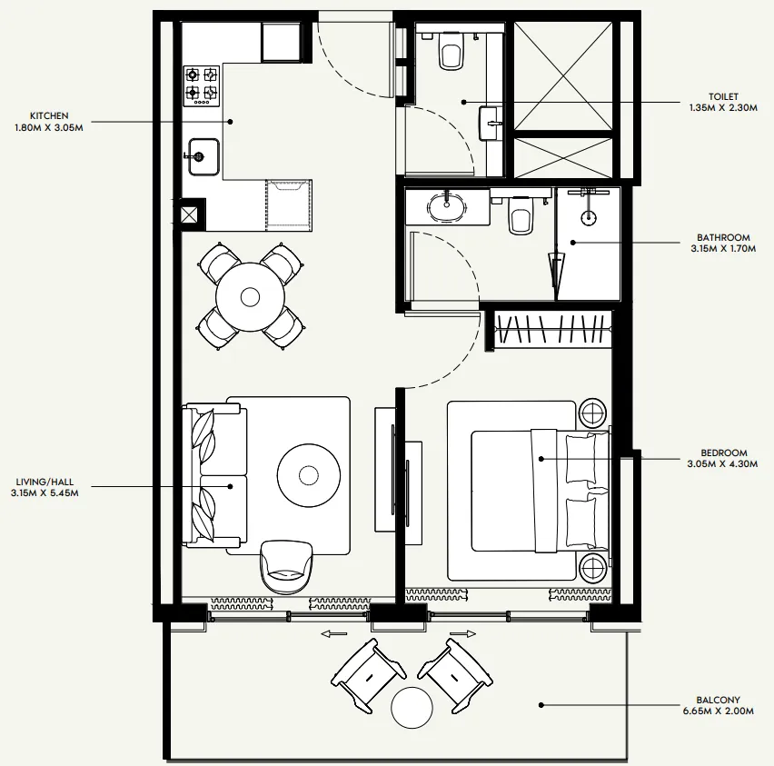 Azizi Venice 1 bed floor plan, 735 sqft