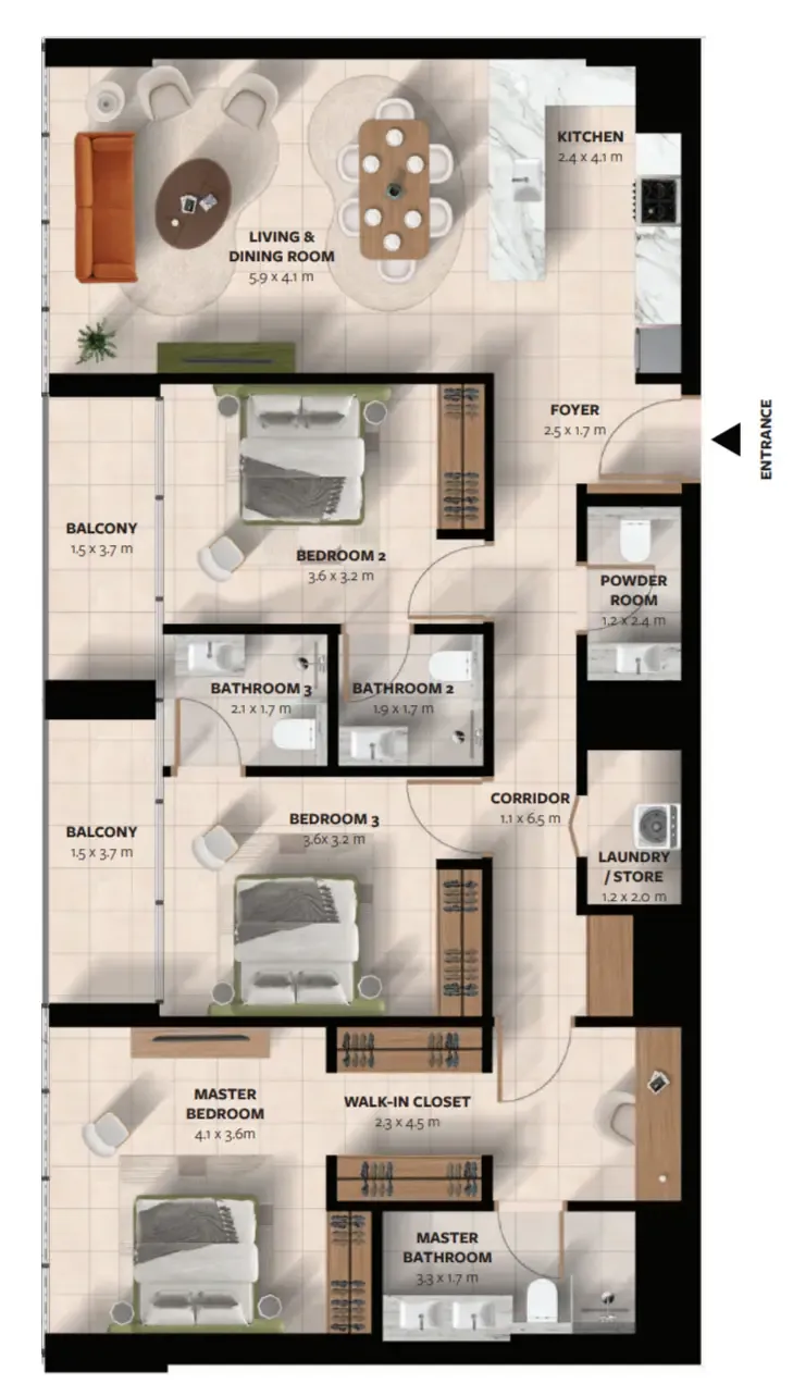 Waada Dubai South 3 bed floor plan, 1,525 – 1,531 sqft