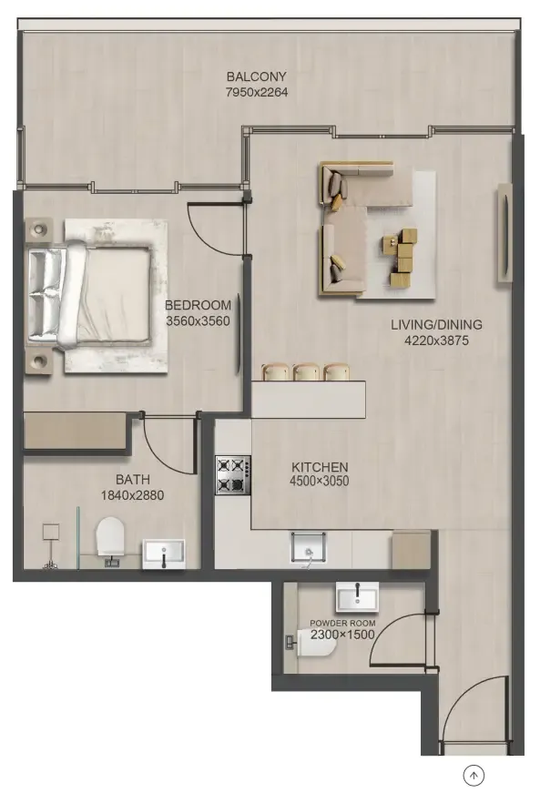 J188 1 bed floor plan, 849 sqft