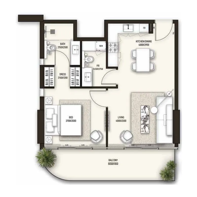 Sonate Residences 1 bed floor plan, 805 sqft