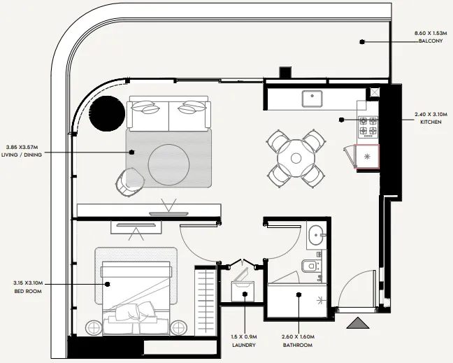 Azizi Milan 1 bed floor plan, 744 sqft
