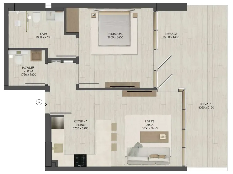 JAD 288 1 bed floor plan, 850 sqft