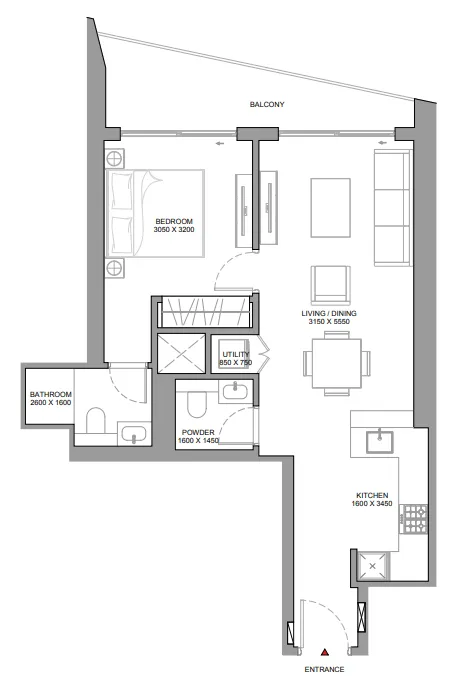 The Horizon at Sobha Central 1 bed floor plan, 744 sqft