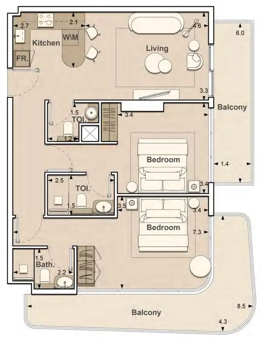 Lume Residences 2 bed floor plan, 1,118 sqft